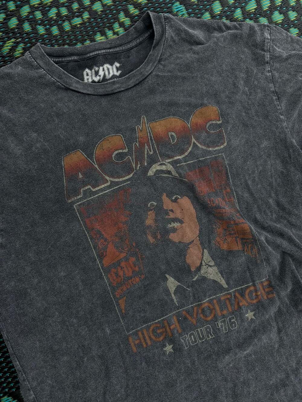 AC/DC High Voltage Tour '76 Acid Wash Graphic T-Shirt Charcoal Gray